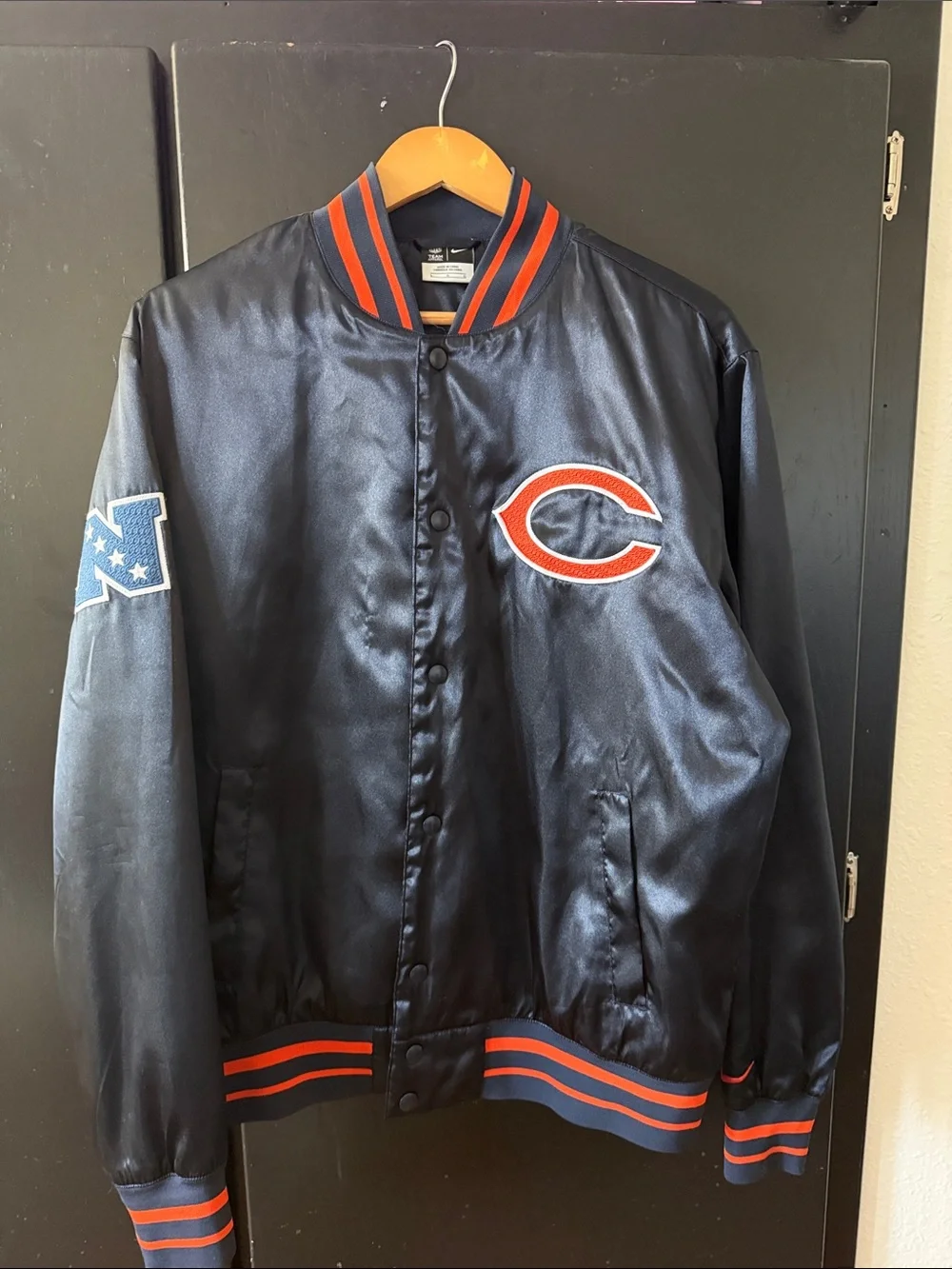 NFL Chicago Bears Black Satin Bomber Jacket with Orange and Navy Trim